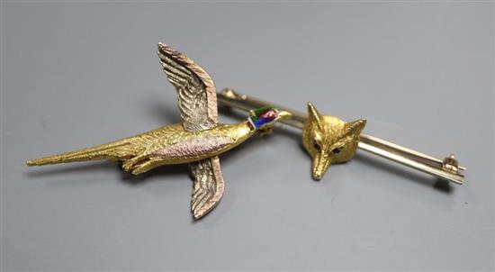 A 9ct gold bar brooch mounted with a fox mask, inset garnet eyes, 4.3g and an enamelled 9ct three-colour gold pheasant brooch, 7.8g
